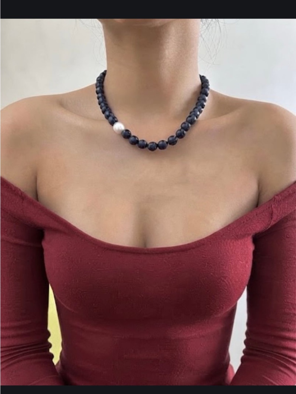 Elegant Black Onyx Necklace with Single White Pearl - Women Jewelry